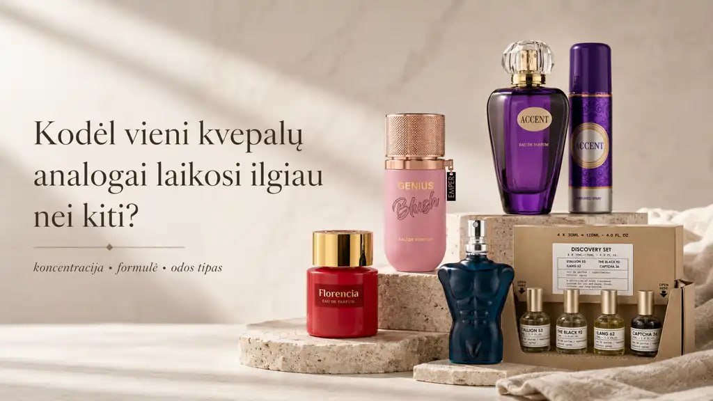 Kodėl vieni kvepalų analogai laikosi ilgiau nei kiti? 1 Kodėl vieni kvepalų analogai laikosi ilgiau nei kiti? Kvepalų buteliukai ir atradimų rinkinys ant akmeninių platformų
