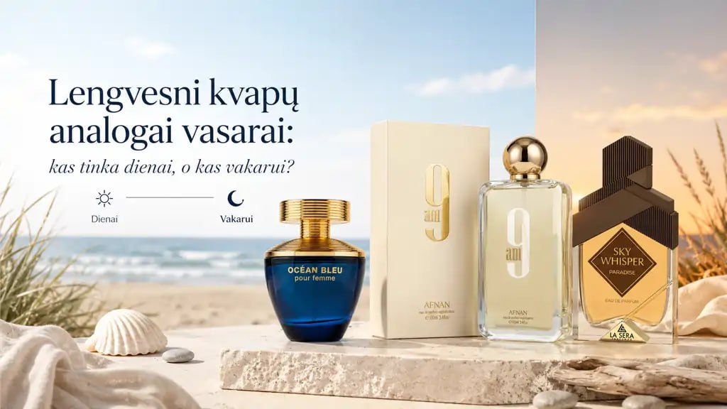 Lengvesni kvapų analogai vasarai: kas tinka dienai, o kas vakarui? 2 Lengvesni kvapų analogai vasarai hero paveikslėlis su vasariškais dienos ir vakaro kvepalais prie paplūdimio